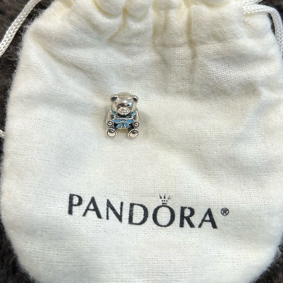Pandora Silver Teddy Bear Charm with blue bow - Picture 1 of 2